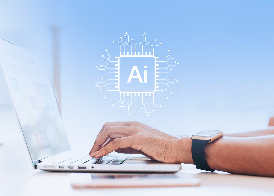 ai-powered software solutions for business, person using laptop with ai technology icon